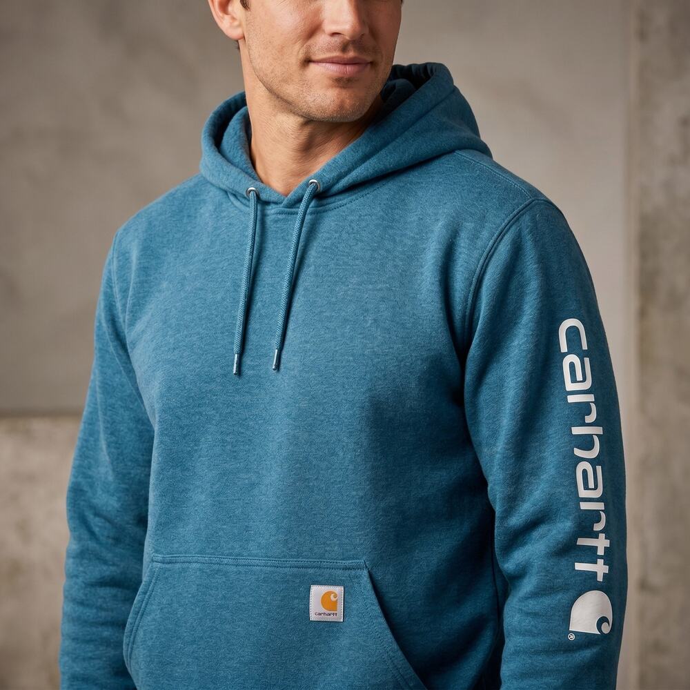 Carhartt Men's Logo Hoodie Sleeve Graphic Pullover Blue Original Fit Medium